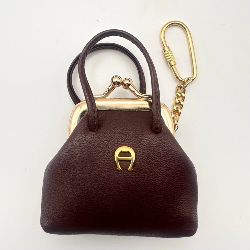 Etienne Aigner Brown Leather Kisslock Miniature Coin Top Handle Purse Keychain - Picture 4 of 5